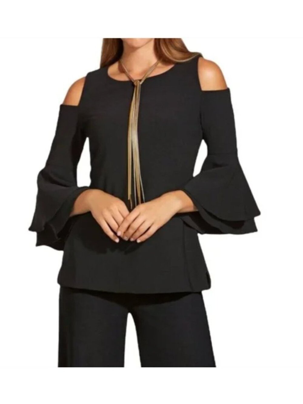 Boston Proper Beyond Travel Black Cold Shoulder Bell Sleeve Top Tunic Shirt S